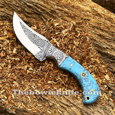 Handmade Hunting Knife Hand Engraved Steel Blade Resin Handle With Leather Sheath DK-260