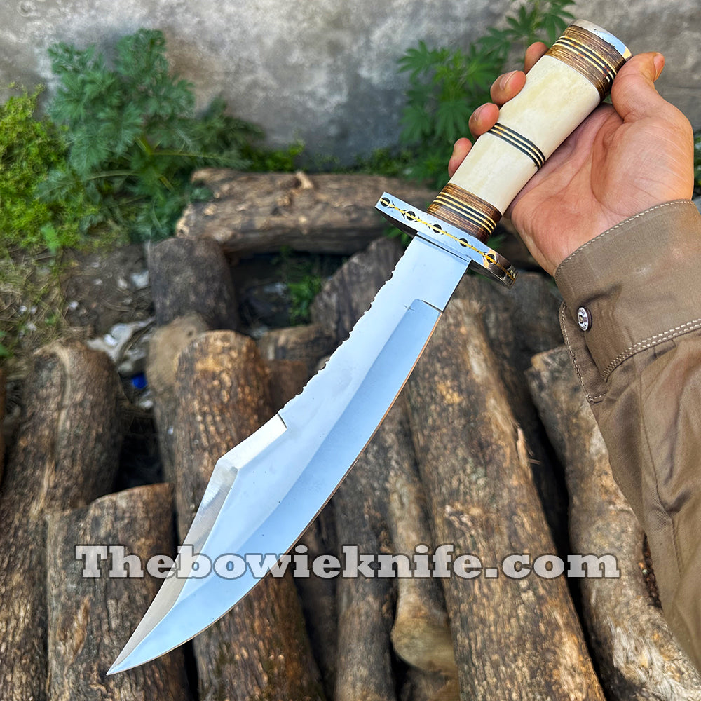 Top Best Bowie Knife High Polished Stainless Steel Blade Bone Handle With Leather Sheath DK-256