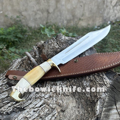 Best Bowie Knife Sharp Steel Blade Bone Handle Brass Guard And Pommel With Knife Sheath TBK-1017