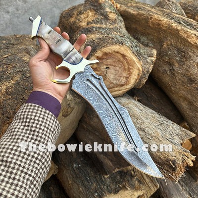 Best Damascus Bowie Knife 2024 Brass Guard Full Tang Blade Ram Horn Handle BK-012