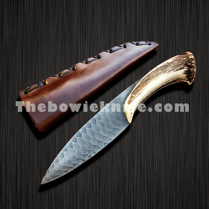 7 Handmade Forged Damascus Pocket Folding Knife - Stag Antler Handle