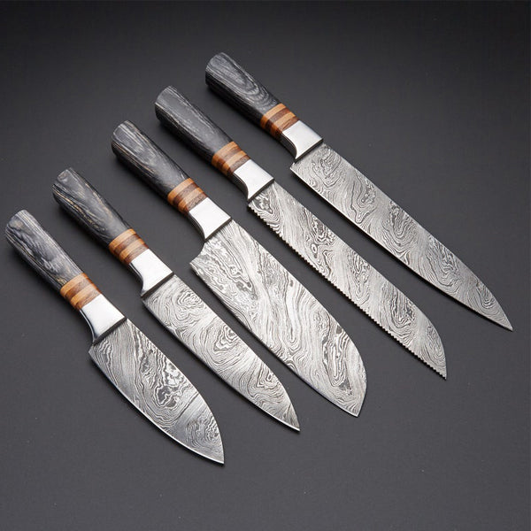 Handmade Damascus Kitchen Knife Set with wood handle and Damascus