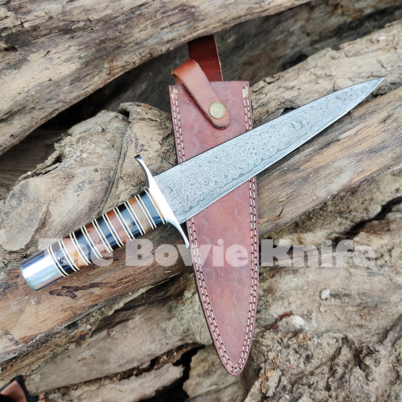 Handmade Damascus Steel Dagger Knife With Leather Sheath