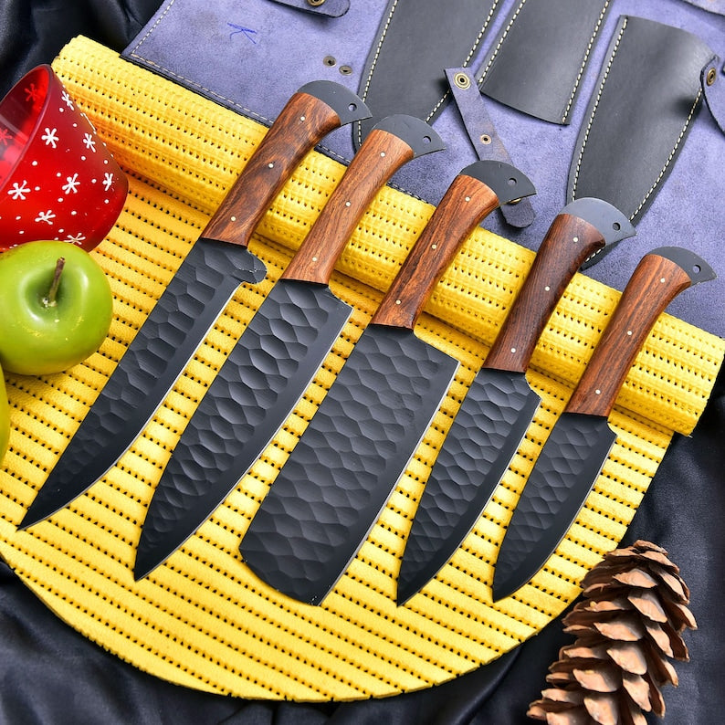 Chef Knife Set Rose Wood Handle With Leather Bag The Bowie Knife chef-knife-set-rose-wood-handle-with-leather-bag-the-bowie-knife