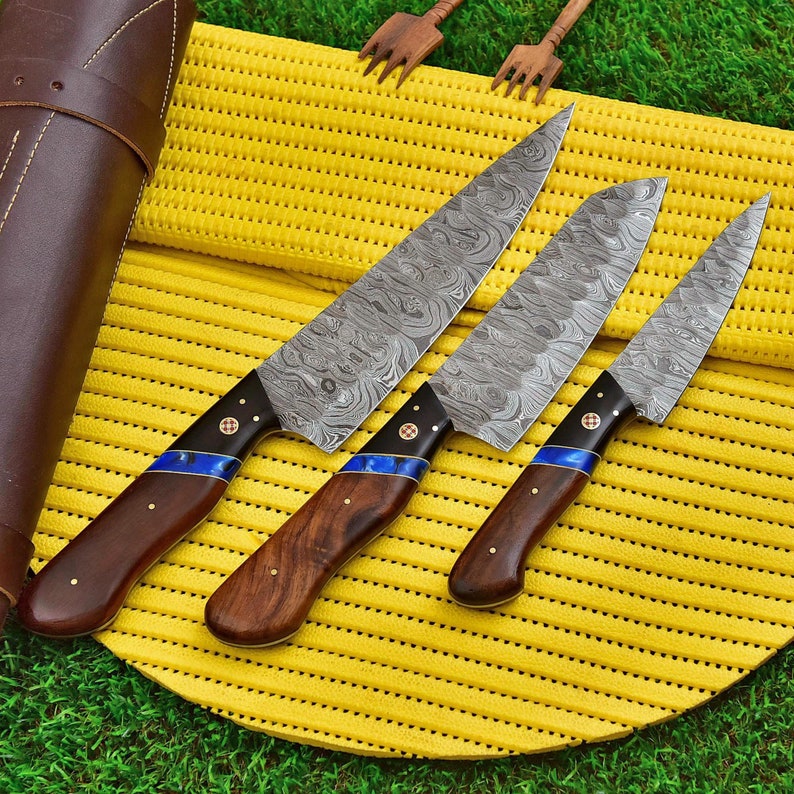Chef Knife Set 3 Pieces Damascus Hand With Sheath The Bowie Knife