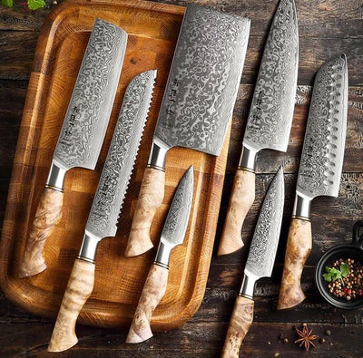 7 Pieces Premium Quality Damascus Steel Chef Knife Set With Leather Bag