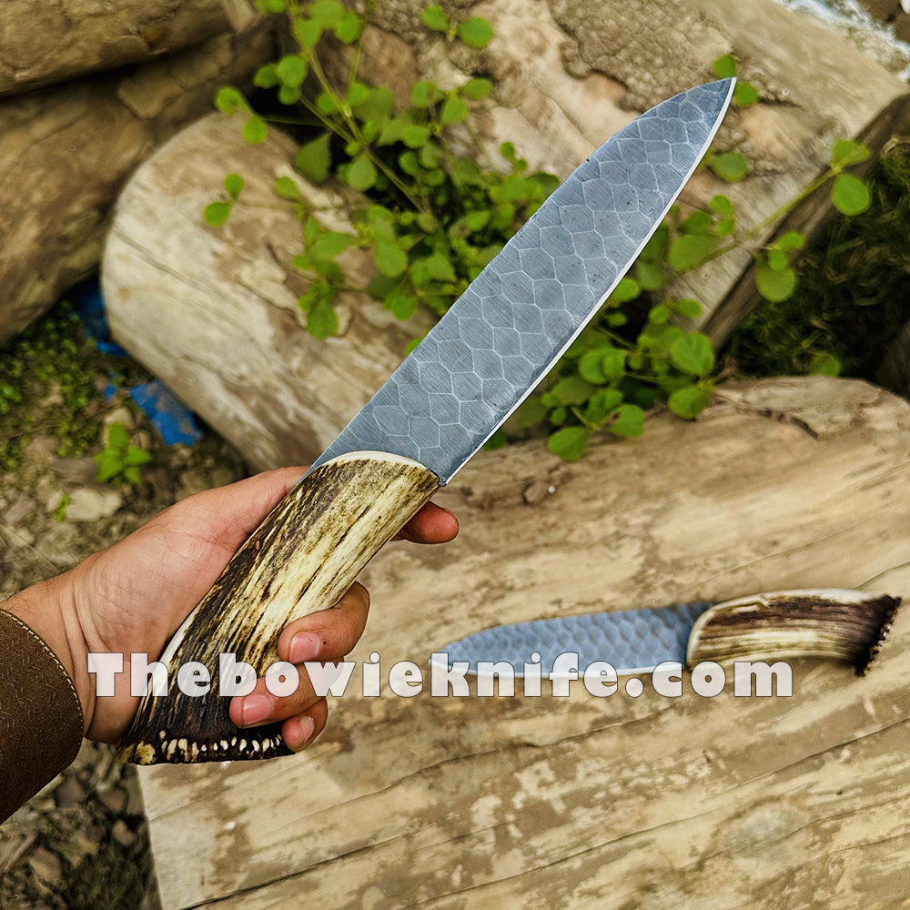 Best Hunting Knife Antler Handle High Carbon Steel Sharped Edge With Leather Sheath BK-09