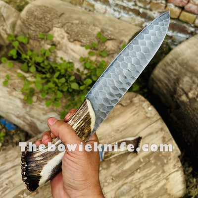 Best Hunting Knife Antler Handle High Carbon Steel Sharped Edge With Leather Sheath BK-09