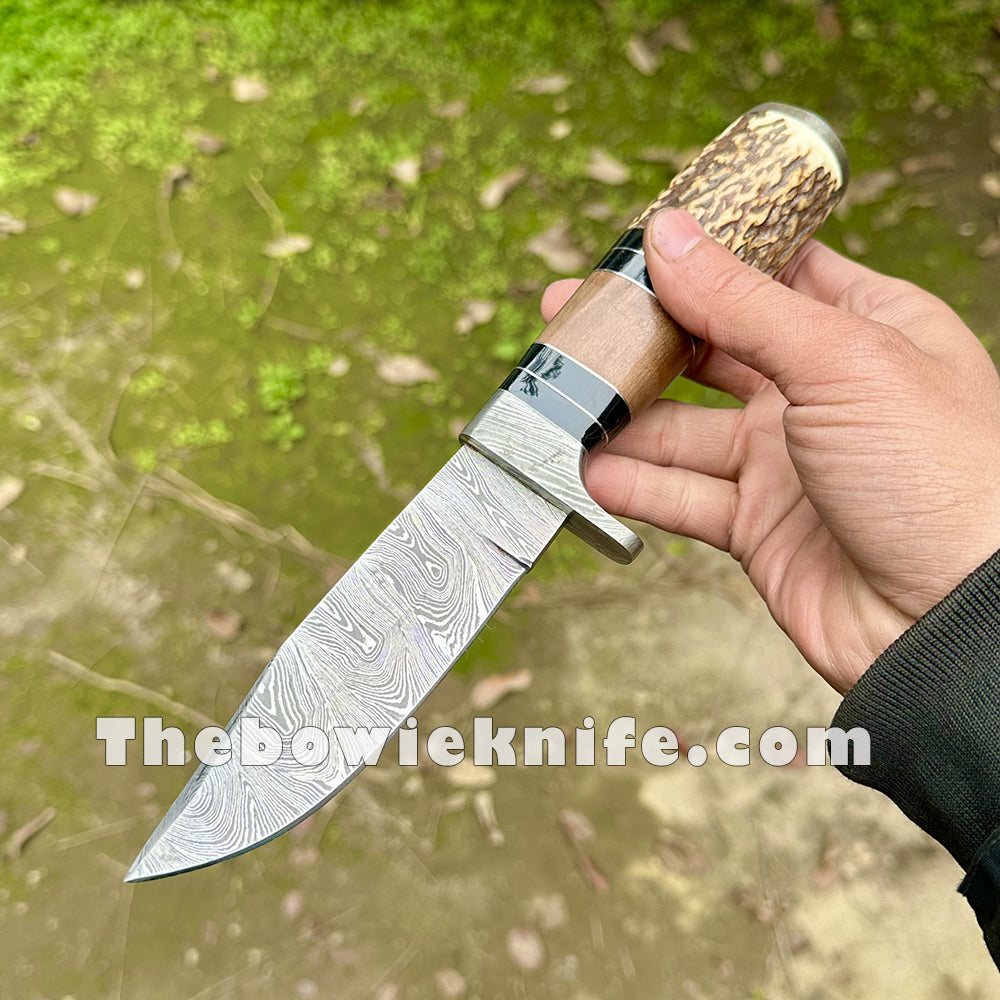 Custom Bowie Knife Handmade Damascus Knife Best Hunting Knife With Leather Sheath DK-241