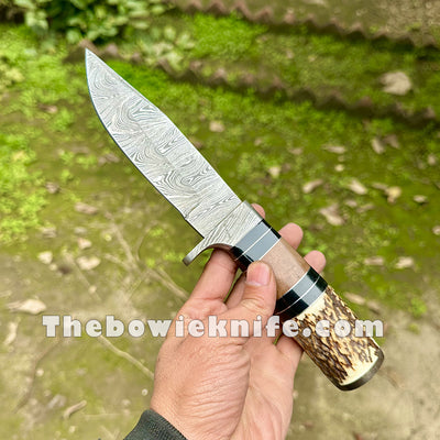 Custom Bowie Knife Handmade Damascus Knife Best Hunting Knife With Leather Sheath DK-241