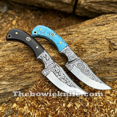2 Pieces Best Hunting Knives 2024 Hand Engraved D2 Tool Steel Blade With Leather Sheath DK-261