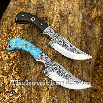 2 Pieces Best Hunting Knives 2024 Hand Engraved D2 Tool Steel Blade With Leather Sheath DK-261