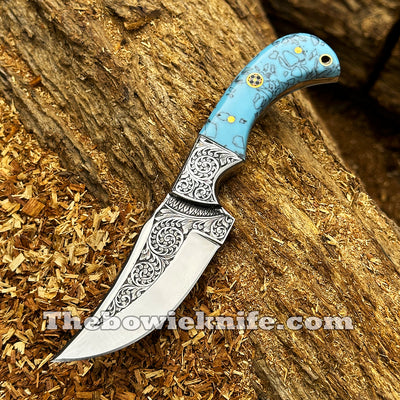 Handmade Hunting Knife Hand Engraved Steel Blade Resin Handle With Leather Sheath DK-260