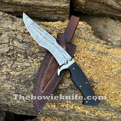 Bowie Knife 2024 Damascus Steel Hunting Knife Full Tang Bull Horn Handle With Sheath BK-014