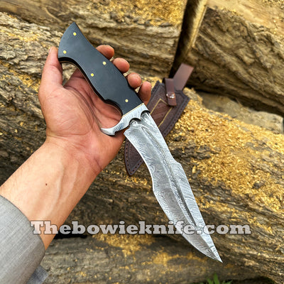 Bowie Knife 2024 Damascus Steel Hunting Knife Full Tang Bull Horn Handle With Sheath BK-014