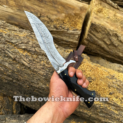 Bowie Knife 2024 Damascus Steel Hunting Knife Full Tang Bull Horn Handle With Sheath BK-014