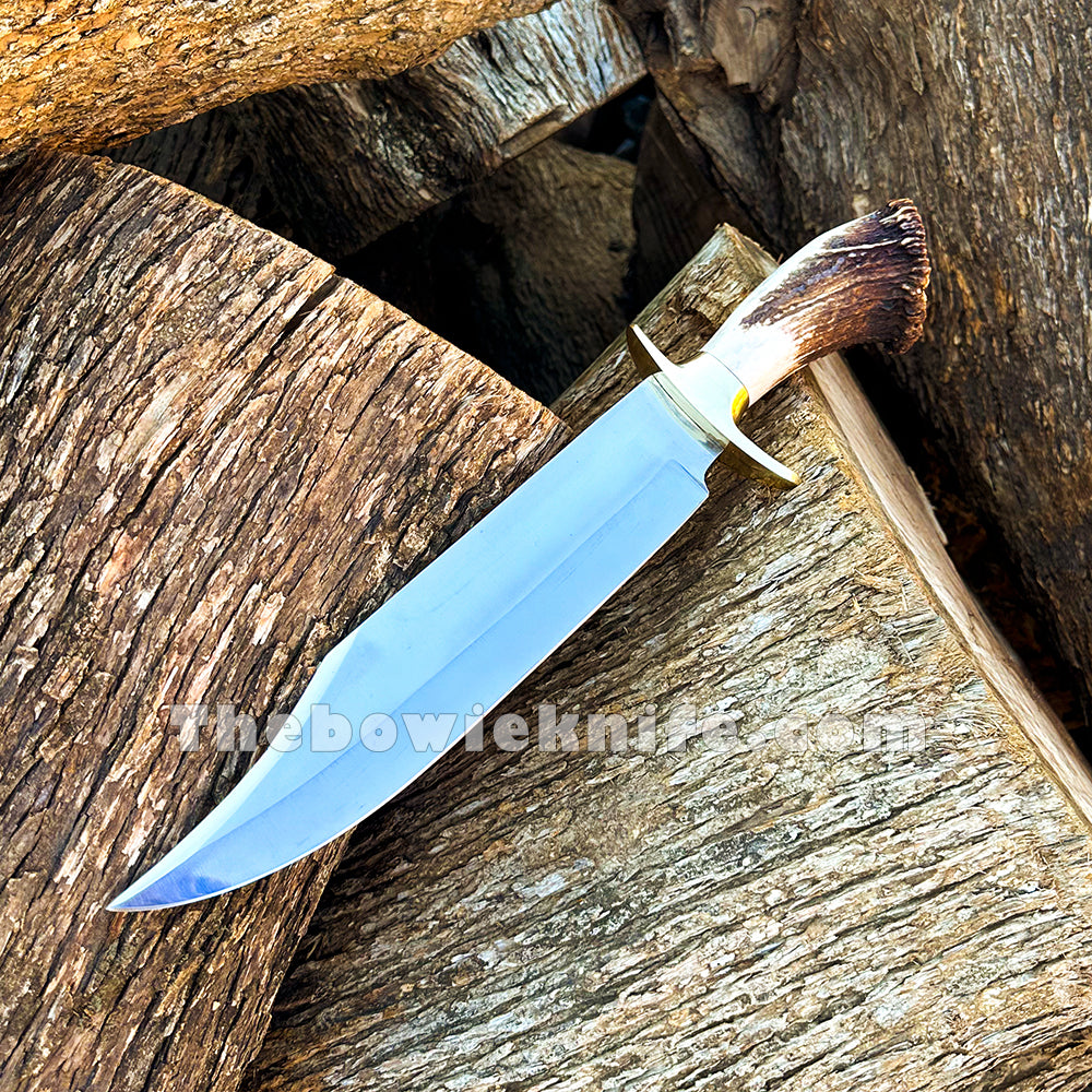 Top Best Bowie Knife Solid Brass Guard Stag Crown Handle With Knife Sheath BK-08