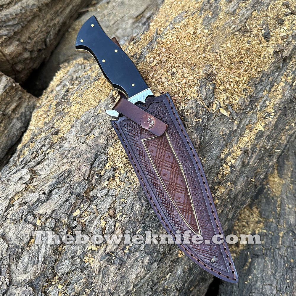 Bowie Knife 2024 Damascus Steel Hunting Knife Full Tang Bull Horn Handle With Sheath BK-014