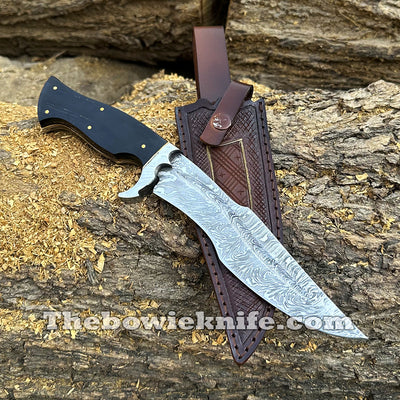 Bowie Knife 2024 Damascus Steel Hunting Knife Full Tang Bull Horn Handle With Sheath BK-014