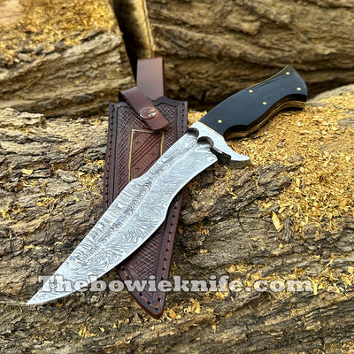 Bowie Knife 2024 Damascus Steel Hunting Knife Full Tang Bull Horn Handle With Sheath BK-014