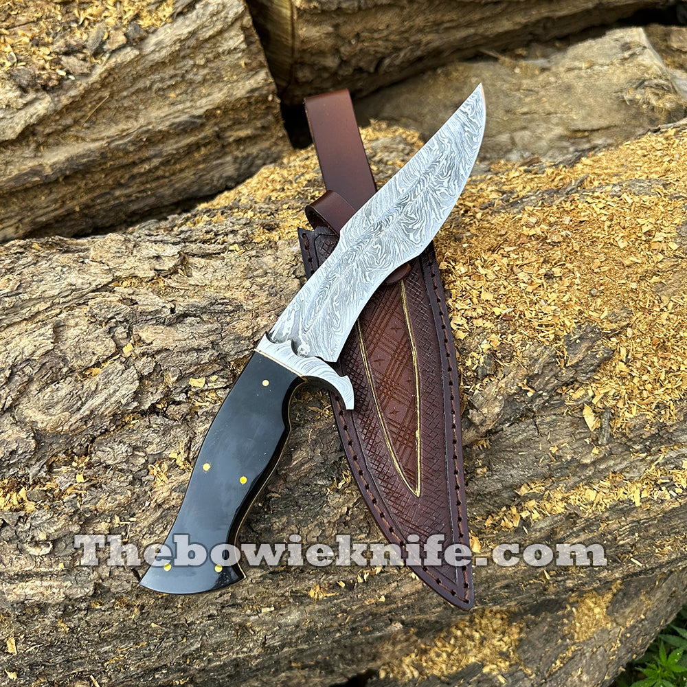 Bowie Knife 2024 Damascus Steel Hunting Knife Full Tang Bull Horn Handle With Sheath BK-014