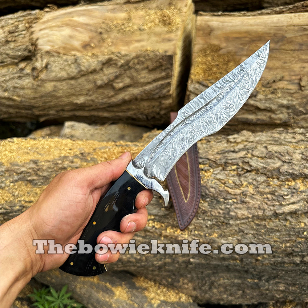 Bowie Knife 2024 Damascus Steel Hunting Knife Full Tang Bull Horn Handle With Sheath BK-014