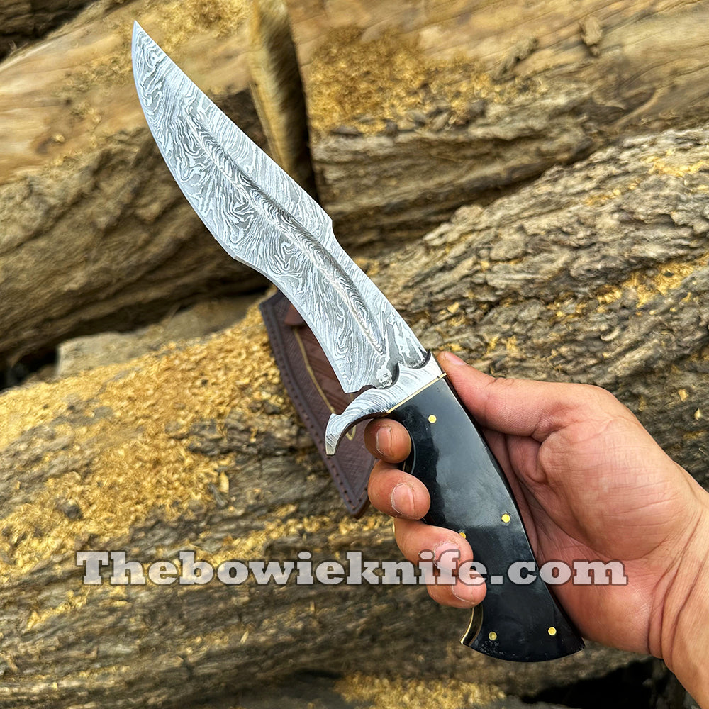 Bowie Knife 2024 Damascus Steel Hunting Knife Full Tang Bull Horn Handle With Sheath BK-014