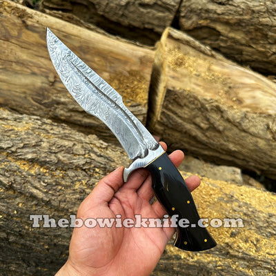 Bowie Knife 2024 Damascus Steel Hunting Knife Full Tang Bull Horn Handle With Sheath BK-014