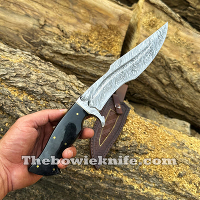 Bowie Knife 2024 Damascus Steel Hunting Knife Full Tang Bull Horn Handle With Sheath BK-014