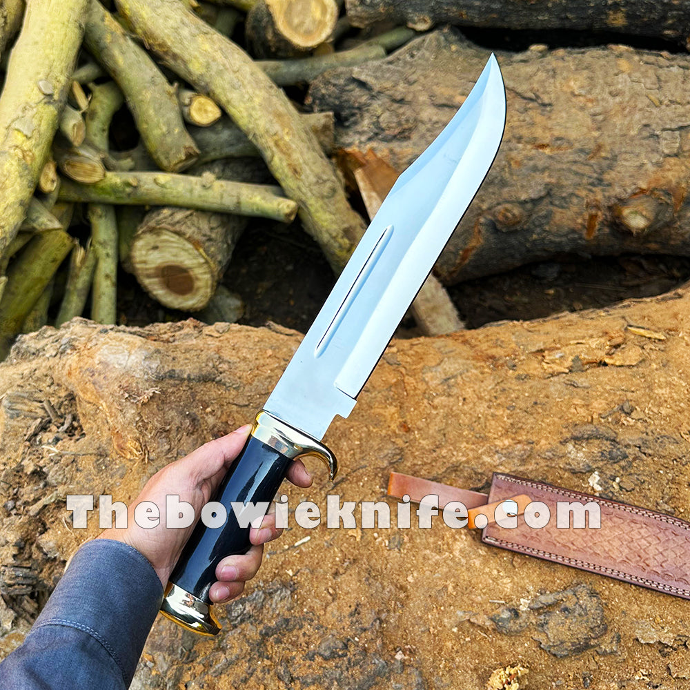 Top Best Bowie Knife Bull Horn Handle Brass Guard And Pommel With Leather Sheath DK-234