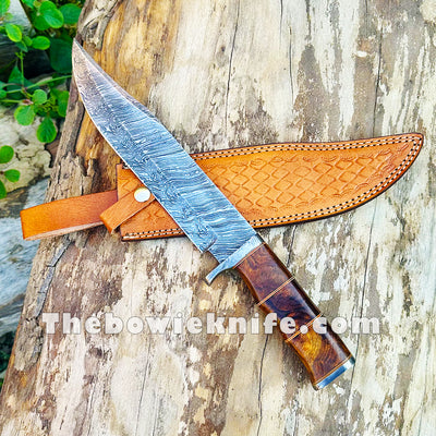 Damascus Knife Bowie Knife Handmade Hunting Knife Rose Wood Handle With Leather Sheath DK-233