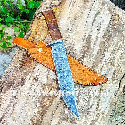 Damascus Knife Bowie Knife Handmade Hunting Knife Rose Wood Handle With Leather Sheath DK-233