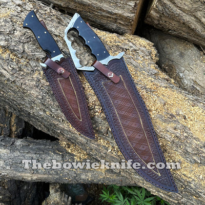 Pair Of Best Damascus Steel Bowie Knives 2024 Bull Horn Handle With Pure Leather Sheath BK-015