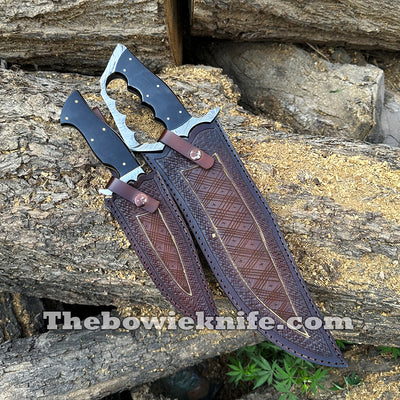 Pair Of Best Damascus Steel Bowie Knives 2024 Bull Horn Handle With Pure Leather Sheath BK-015