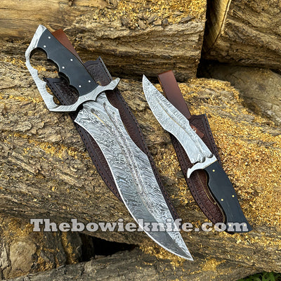 Pair Of Best Damascus Steel Bowie Knives 2024 Bull Horn Handle With Pure Leather Sheath BK-015