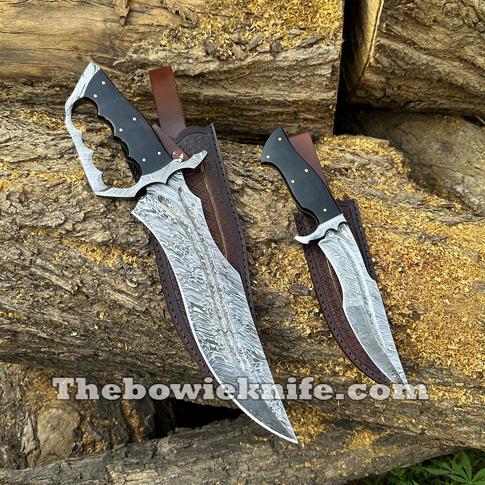 Pair Of Best Damascus Steel Bowie Knives 2024 Bull Horn Handle With Pure Leather Sheath BK-015