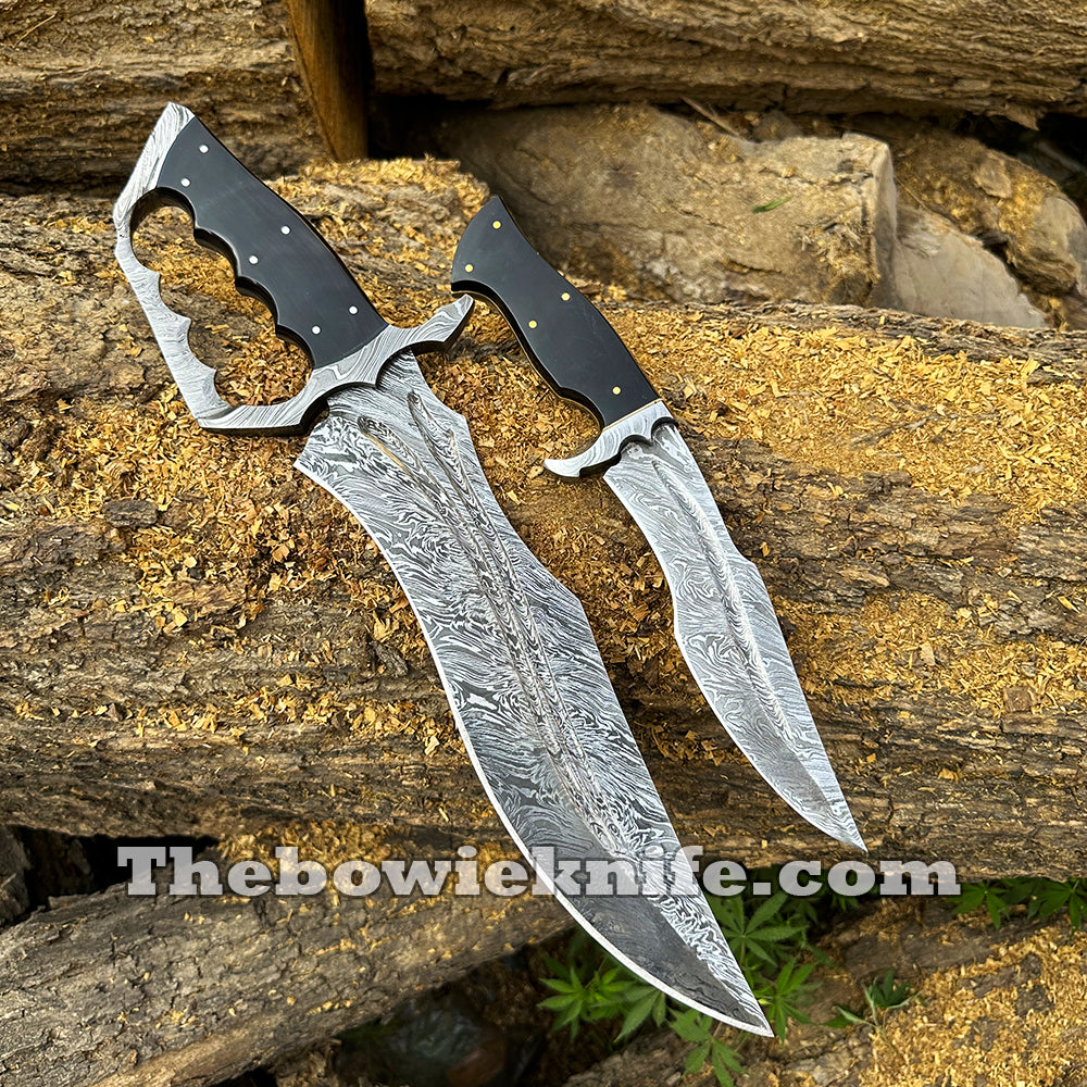 Pair Of Best Damascus Steel Bowie Knives 2024 Bull Horn Handle With Pure Leather Sheath BK-015