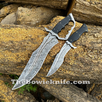 Pair Of Best Damascus Steel Bowie Knives 2024 Bull Horn Handle With Pure Leather Sheath BK-015