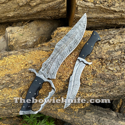 Pair Of Best Damascus Steel Bowie Knives 2024 Bull Horn Handle With Pure Leather Sheath BK-015