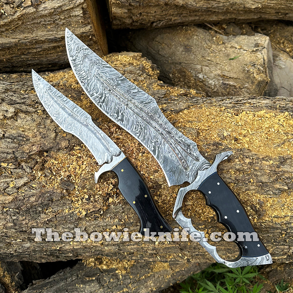 Pair Of Best Damascus Steel Bowie Knives 2024 Bull Horn Handle With Pure Leather Sheath BK-015