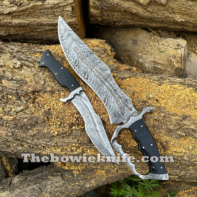 Pair Of Best Damascus Steel Bowie Knives 2024 Bull Horn Handle With Pure Leather Sheath BK-015