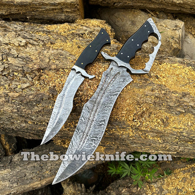 Pair Of Best Damascus Steel Bowie Knives 2024 Bull Horn Handle With Pure Leather Sheath BK-015