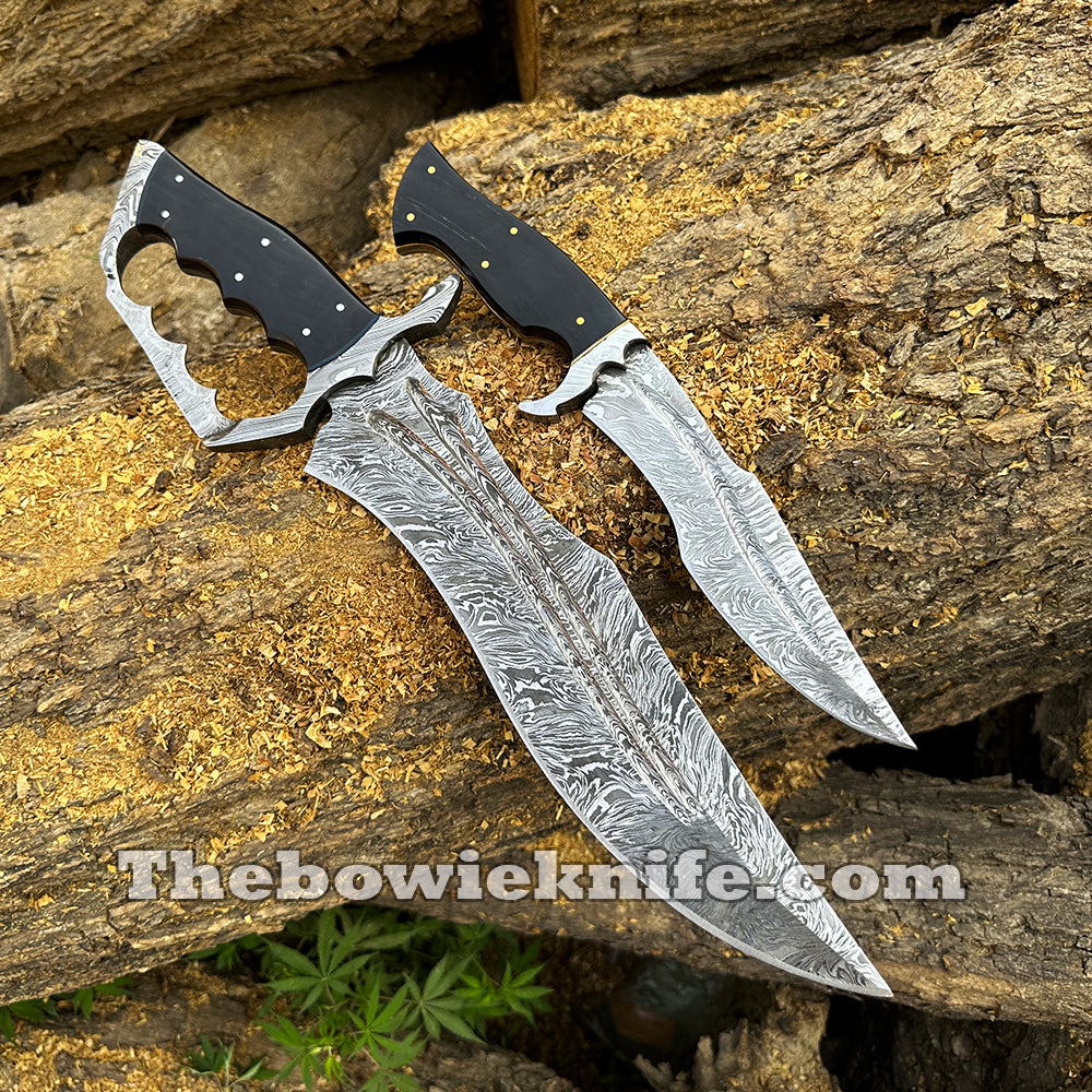 Pair Of Best Damascus Steel Bowie Knives 2024 Bull Horn Handle With Pure Leather Sheath BK-015