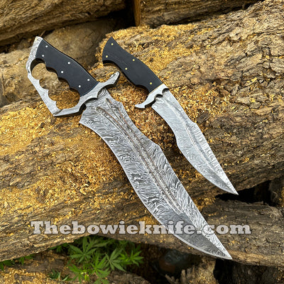 Pair Of Best Damascus Steel Bowie Knives 2024 Bull Horn Handle With Pure Leather Sheath BK-015