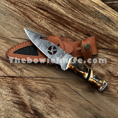 Best Damascus Hunting Knife Camping Gut Hook Knife With Leather Sheath DK-223