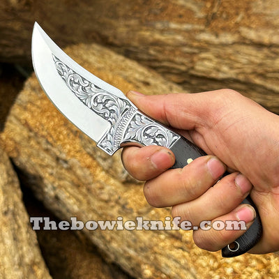 Custom Hunting Knife Hand Engraved Steel Blade Full Tang With Leather Sheath DK-259