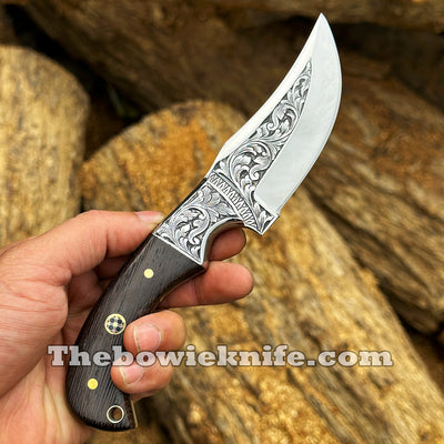 Custom Hunting Knife Hand Engraved Steel Blade Full Tang With Leather Sheath DK-259