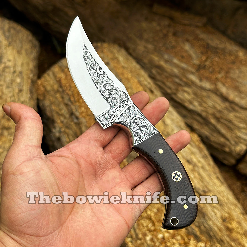 Custom Hunting Knife Hand Engraved Steel Blade Full Tang With Leather Sheath DK-259