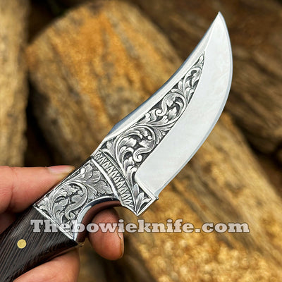 Custom Hunting Knife Hand Engraved Steel Blade Full Tang With Leather Sheath DK-259