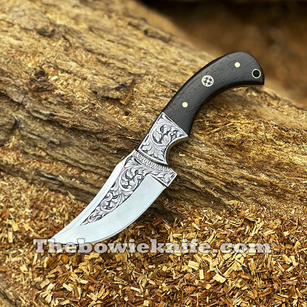 Custom Hunting Knife Hand Engraved Steel Blade Full Tang With Leather Sheath DK-259